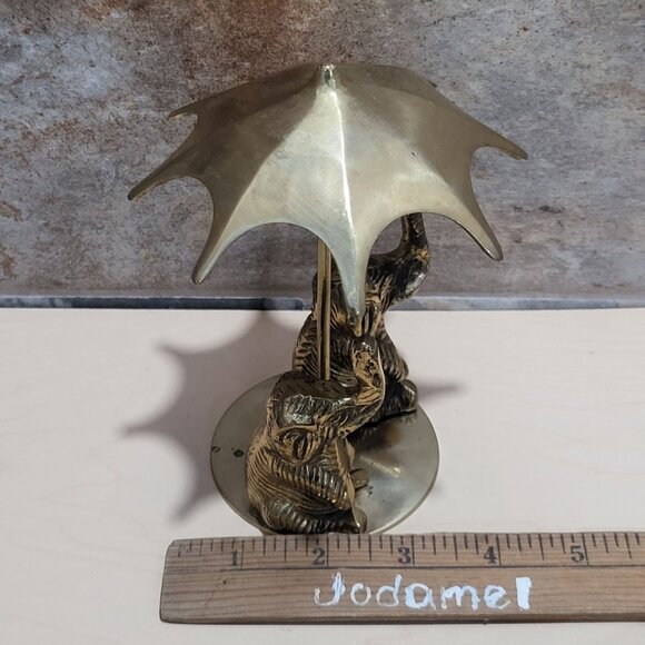 Vintage Two Elephants Trunks Raised  Under Umbrella Solid Brass Statue - Picture 8 of 12